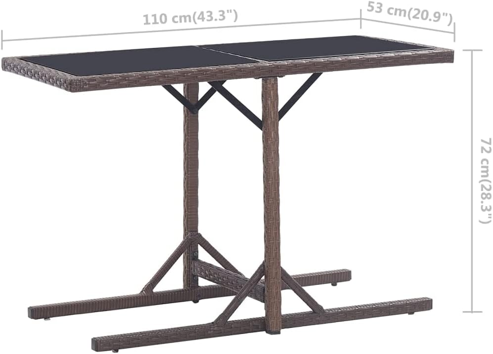Brown Poly Rattan Outdoor Coffee Table with Powder-Coated Steel Frame and Glass Top, Small Rectangular Patio Table for Garden and Terrace Use