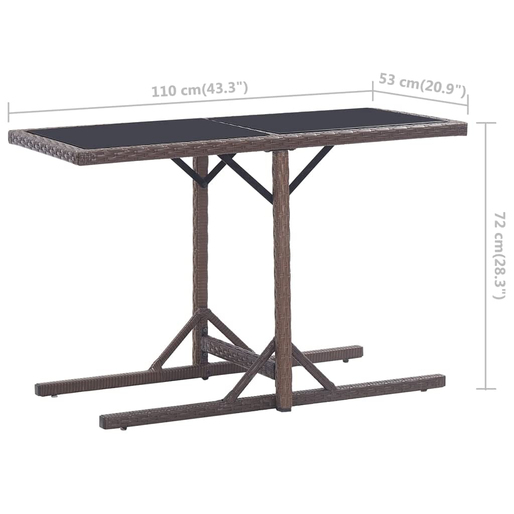 Stół ogrodowy, brązowy, 110 x 53 x 72 cm, szkło i rattan PE | Stalowy stelaż, wodoodporny, łatwy w pielęgnacji, łatwy montaż, na taras i werandę