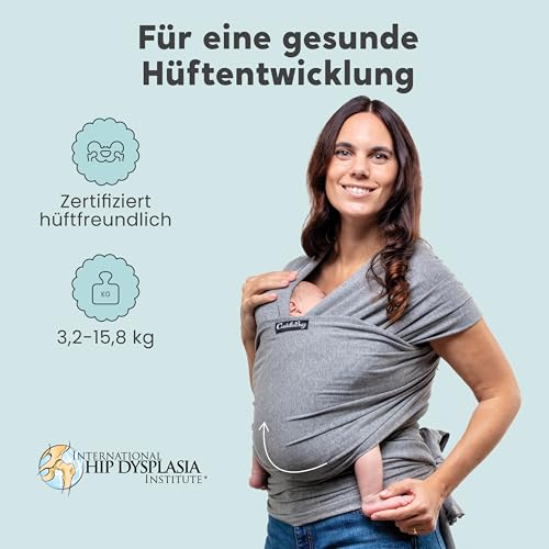 CuddleBug Babytragetuch ab Geburt bis 36 Monate (3,2-15,8 kg) - Kuscheliges & Elastisches Tragetuch Baby, Verstellbar von XS bis XXL, Stillfreundlich & Einfach zu Binden (Grau)