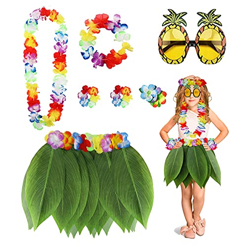 PHOGARY 7 Pack Hawaiian Flower Leaf Hula Skirt Costume Accessory Kit for Hawaii Luau Party