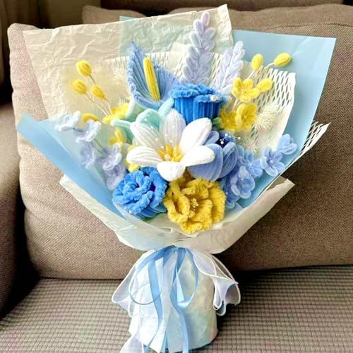 Image of ASTARON 521 Pcs 5 Colors Art Chenille Stems Pipe Cleaners Flower Making Kit | Blue Yellow Craft Pipe Cleaners,20 Floral Wires,Green Gardening Tape, Flowers Making Kit,Polyester Fluffy Pipe Cleaners Set
