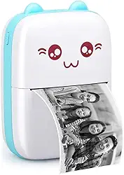 Mini Impressora Térmica Portátil BT 200dpi - Impressão de Fotos, Etiquetas, Notas, desenhos para colorir + 1 Rolo Adesivo e 4 Rolos Papel Térmico comum 57x30mm (Azul)