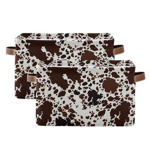 Image of YEGAME Storage Basket Cow Print Rectangular Collapsible Canvas Shelves Storage Bins with Leather Handles for Shelves Home Closet Bedroom Living Room, 2Pack