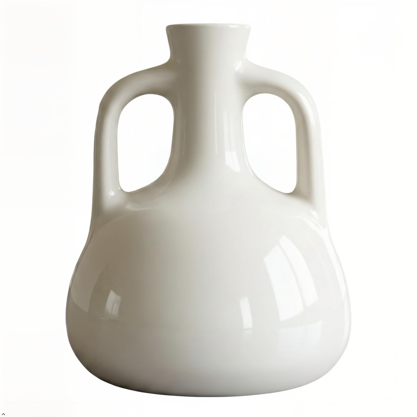Glossy White Ceramic Double Handle Vase, Small Decorative Bud Vase for Shelf, Coffee Table and Console Decor