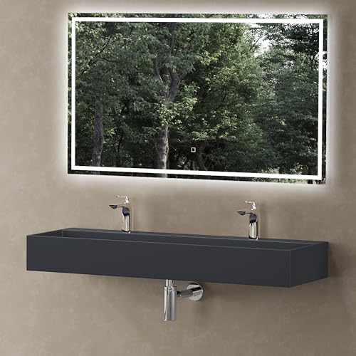 doporro Lavabo Bagno Sospeso Rettangolare Lavabo doppio da Appoggio con 2 Fori Rubinetto 120 x 40 x 14 cm Antracite Opaco Lavandino in Resina Minerale Ideale per Casa Ristorante e Hotel Colossum6028