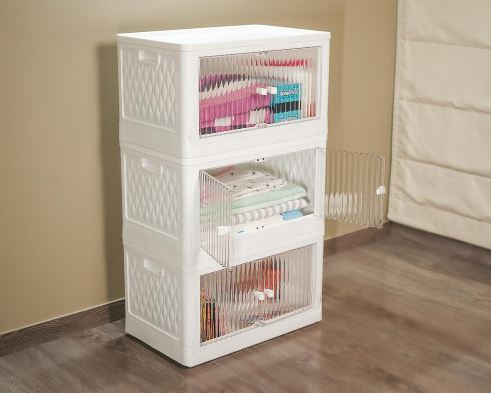 HomeStrap Plastic Foldable Stackable Storage Box With Wheels (Pack Of 3) | Collapsible Storage Bins With Door | Spacesaver Organizer, White, 61X 38 X 64 Cm HomeStrap Plastic Foldable Stackable Storage Box With Wheels (Pack Of 3) | Collapsible Storage Bins With Door | Spacesaver Organizer, White, 61X 38 X 64 Cm