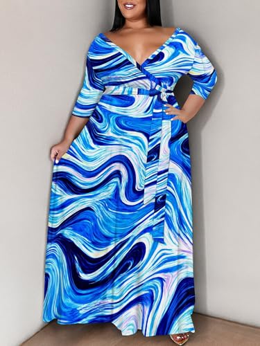 Image of SUZONANA Plus Size Maxi Dresses for Curcy Women Casual Loose 3 /4 Sleeve Long Dress with Belt