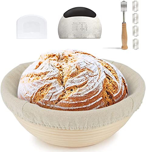 MIZATTO Bread Proofing Basket, Bread Making Tools and Supplies Baking Set (9 Inch Banneton Sourdough Proofing Basket Bowl, Dough Scraper, Lime Cloth, Bread Lame Blades) Gift for Home Baker