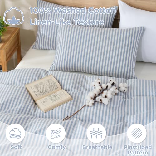 Image of TOCOMOA Blue Striped Duvet Cover Set 100% Washed Cotton Like Linen, Queen