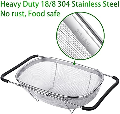 Tiawudi 6-Quart Large Over The Sink Colander, Heavy Duty 40% Thicker 18/8 Stainless Steel Fine Mesh Strainer Basket with Expandable Rubber Grip Handles - Strain, Drain, Rinse Fruits, Vegetables thumbnail 4