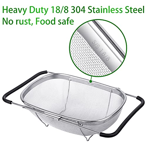 Tiawudi 6-Quart Large Over The Sink Colander, Heavy Duty 40% Thicker 18/8 Stainless Steel Fine Mesh Strainer Basket with Expandable Rubber Grip Handles - Strain, Drain, Rinse Fruits, Vegetables - Image 3