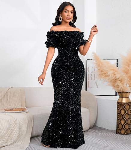 Women Sexy Sequin Off Shoulder Ruffle Short Sleeve Bodycon Mermaid Party Formal Evening Maxi Dress3
