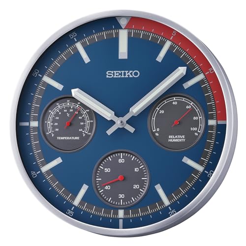 Image of Seiko Aluminium Case Silent Sweep Quartz Wall Clock | Silver Frame & Blue Dial with Thermometer & Hygrometer (Size: 33 X 4.9 cm) QXA822S