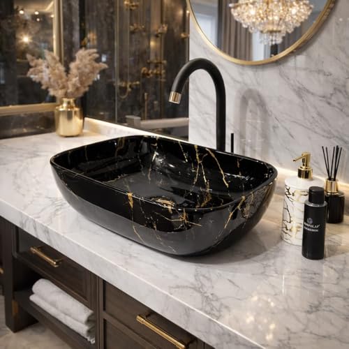 Image of Ceramic Tabletop Wash Basin - Glossy Rectangular Countertop Vessel Sink with Marble Finish for Bathroom & Vanity | Compact 18 x 13 x 5 Inch | Elegant Washbasin