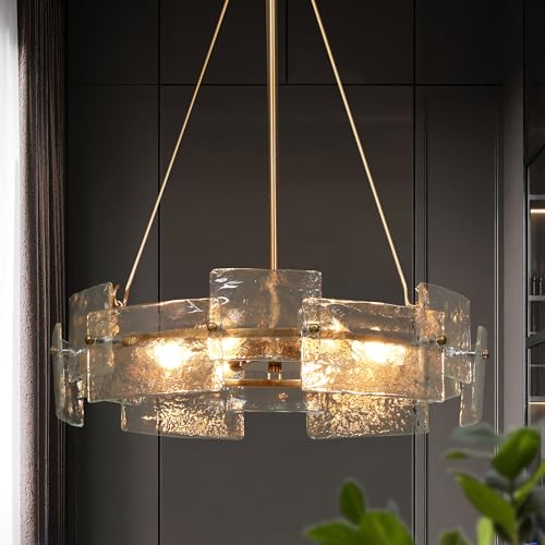 KSANA Gold Chandelier, Modern 6-Light Drum Chandelier Light Fixture with Textured Glass Panels and Electroplated Brass Finish for Dining Room, Kitchen,and Living Room