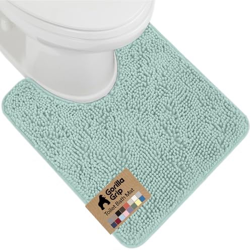 Image of GORILLA GRIP Plush Absorbent Shaggy Chenille Bath Rug Mat for Oval Toilet Base with Rubber Backing, Machine Washable Rugs, Soft Microfiber Contour Mats for Toilets, Bathroom Decor, Seablue