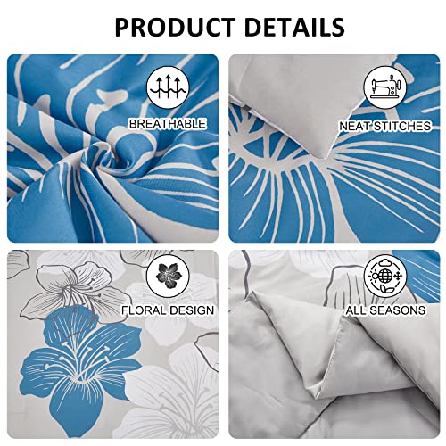Menghomeus Floral Comforter Set Queen - 3 Piece Blue Floral Pattern Printed On Grey - Ultra Soft Microfiber Bedding Set Lightweight Boho Bed Comforter Set For All Season (1 Comforter, 2 Pillowcases) #TOP4