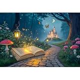 Laeacco 9x6ft Enchanted Forest Wonderland Backdrop Fairy Tale Books Once Upon A Time Magic Mushroom Photography Background Princess Castle Girls Birthday Baby Shower Party Decor Photo Booth Props