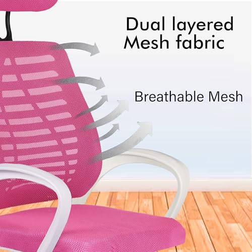 Image of Casa Copenhagen,Mesh Office Desk,Rocking, Ergonomic Computer Chair Adjustable High with Headrest and Comfortable Armrest Swivel Chair - Pink & White Handle