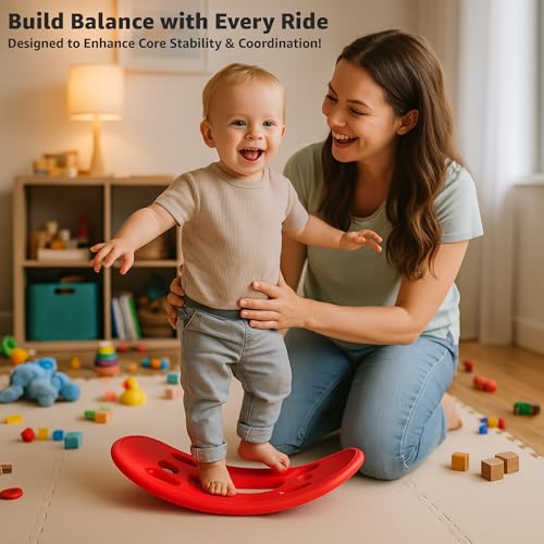 Image of Amazon Brand - Jam & Honey 3-in-1 Baby Push On Ride On Rocker for Kids | Balancing Board | Backrest | Easy Grip | Four Wheel | Durable and Safe | Lightweight | Animal Theme | 12 Months+ | Red & Grey