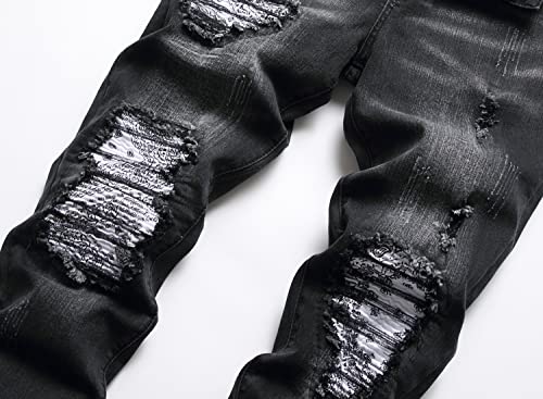 TMMMT Men's Patch Ripped Stretch Regular Fit Black Jean (38, 6608Black) by TMMMT - Used condition - Image 2