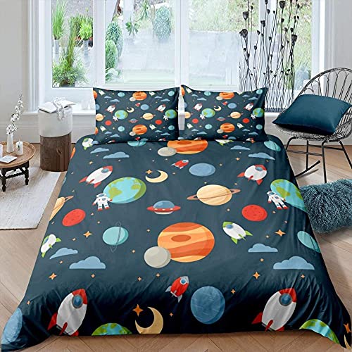 CCZM Fundas Nordicas 135x200 cm Astronauta y Planeta Edredón Cama 90 con Cremallera Microfibra Suave Transpirable + 1 Fundas de Almohada 50x80 cm
