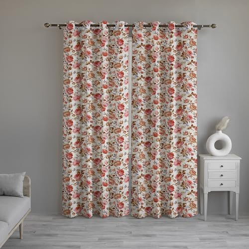 Image of LINENWALAS Cotton Printed Curtains 10 Feet Long 2 Panels Set, Curtain for Door Hangings Home Decor Items for Living Room Bedroom, Semi Sheer Drapes with Eyelet Rings (Red Rose Tulip)