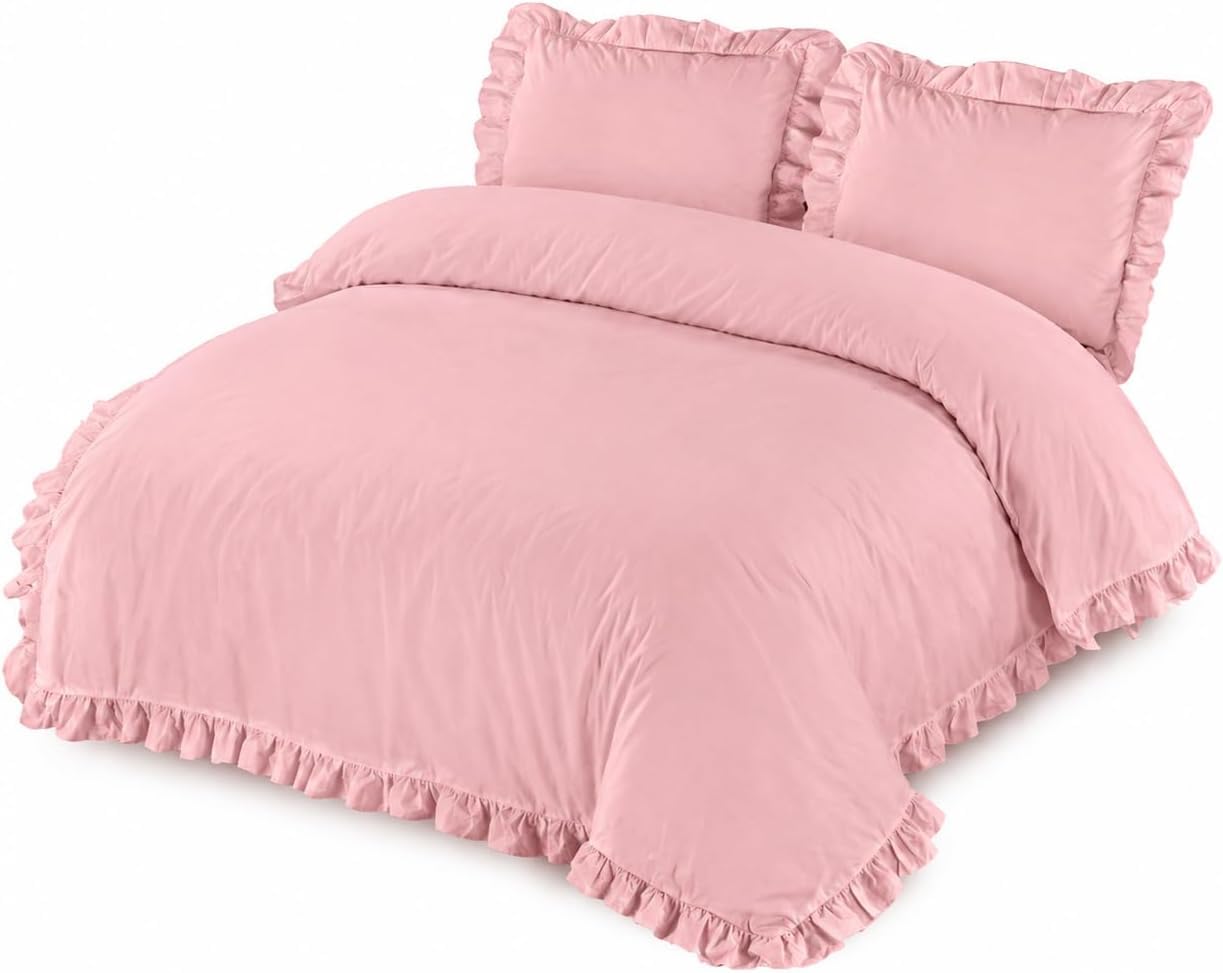 Homes-Linen Blush Santiago Frilled Duvet Set Easy Care Polycotton Plain Dyed Frill Duvet Cover Set (Single, )