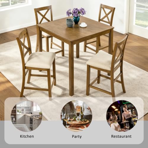 Image of LUMISOL 5-Piece Dining Table Set for 4, Farmhouse Counter Height Kitchen Table with 4 Padded Chairs, Solid Wood Square Table and Chairs Set for Dining Room, Kitchen, Oak