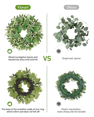 Vlorart 20 Inch Artificial Spring Summer Christmas Greenery Wreaths for Front Door Green Eucalyptus Leaf Wreath Decor Boxwood with Big Berries for Farmhouse Outside - image 4