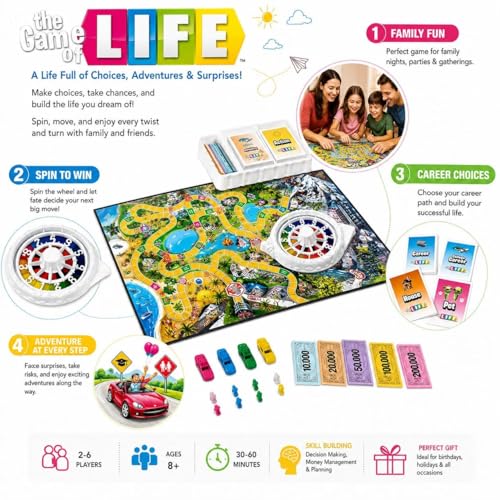 Image of The Game of Life Family Board Game for Kids & Adults - Interactive Strategy Game with Spinner Wheel, Career House Pet Cards, Play Money & Cars for 2-4 Players Age 8+