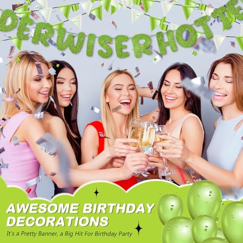 Image of Fulmoon Set of 3 Pre Strung Older Wiser Hotter Glitter Banner Funny Birthday Banner for Women 30th 40th 50th 60th 70th 80th Birthday Party Decorations Sign Gift(Grass Green)