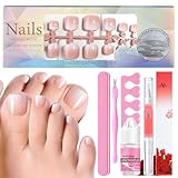 120 Stück Falsche Fußnägel Kit - Französisch Natürliche Künstlich Fußnägel zum Aufkleben, Nude White Gradient Full Cover Toe Nails Tips für Frauen, Fake nails für Nail Art DIY, 12 Größen (Nude)