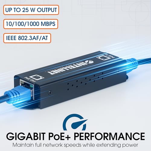 Image of Intellinet Gigabit PoE+ Extender, 1-Port, 25W, IEEE 802.3at /af | IEEE 802.3af /at compliant unit extends PoE links to 328 ft, fanless metal housing, no separate adapter needed
