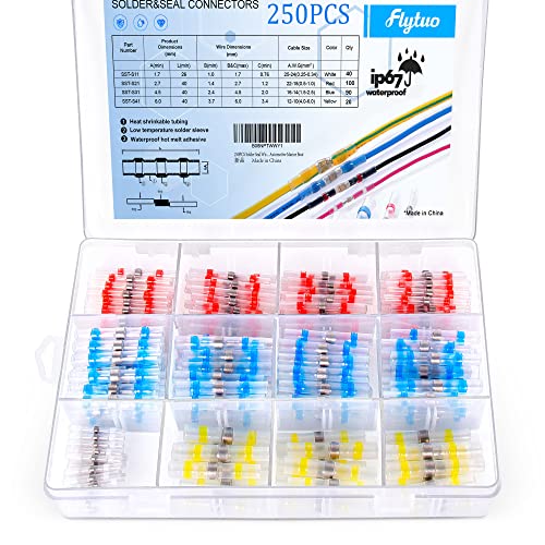 Flytuo 防水圧着スリーブ 熱収縮はんだスリーブ 250PCSはんだスリーブ 絶縁圧着端子 熱収縮チューブ圧着 端子 防水 圧着スリーブ 絶縁 被覆付 圧着 端子 船舶 航空機ボートトラック ステレオ ジョイント用