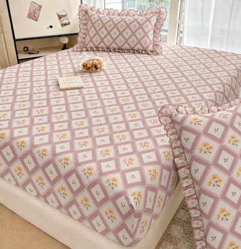 Image of VOMZER Queen Size (60x78) 300 TC Soft Cotton Feel Microfiber All Around Elastic Fitted Double Bedsheet with 2 Frill Pillow Covers | Pink Blossom Check