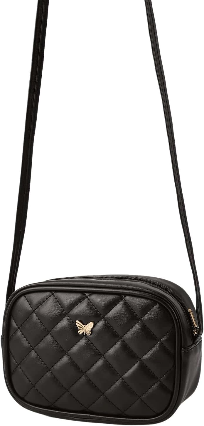 SweatyRocks Girls' PU Leather Zipper Crossbody Butterfly Decor Solid Shoulder Bag Mini Square Black One-Size