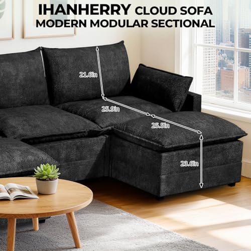 Image of LEVELEVE 112.5 inch U-Shape Modular Sofa with 2 Ottomans, Deep Seat Cloud Convertible Sleeper, 2 Arm Pillows, Comfortable Upholstered Furniture for Living Room Apartment, Black