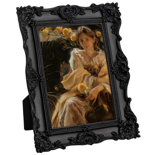 Image of eletecpro 5x7 Vintage Picture Frame with Real Glass Cover, Ornate Antique Photo Frame, Display 5x7 Picture for Tabletop or Wall Hanging, Black Home Decor for Gallery Art