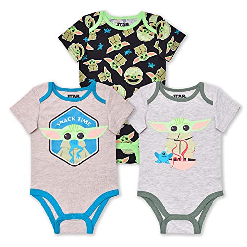STAR WARS Baby Yoda Boys’ 3 Pack Bodysuit for Newborn and Infant – Black/Grey