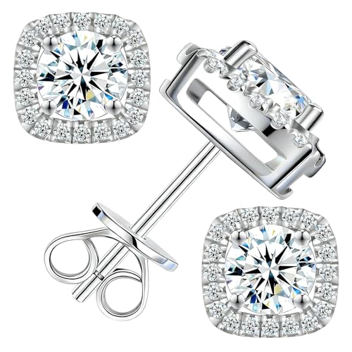 Tunzug Moissanite Stud Earrings 0.5-3 CT D Color VVS1 Lab Cultured Diamond, 925 Sterling Silver 18K White Gold Plated Flat Back Hypoallergenic Earrings for Women