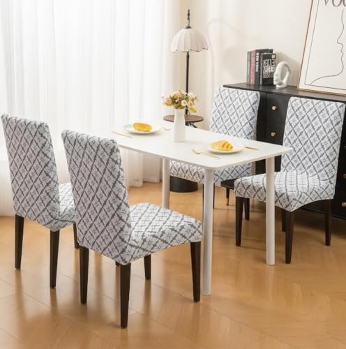 Image of HOMETHREADS Stretchable Elastic Jacquard Chair Seat Cover | Removable, Washable & Durable Chair Protector | Ideal for Dining Room, Kitchen, Restaurant & Party Chairs (F Grey, Pack of 4)