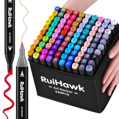 RuiHawk 100+2 Farben Alkohol Stifte Set, Meißel & Feine Verdoppelt Kunst Marker Filzstifte Set, 2 Sekunde Schnell Trocknende Alkohol Marker mit Anti-Seepage Abstandshaltern für Malerei, Design, Manga