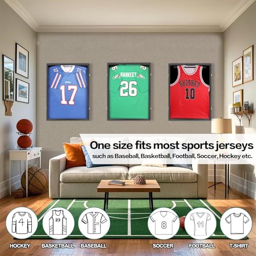 Image of Jersey Frame Display Case 4 Pack for Wall ,Large Lockable T-Shirt Shadow Box with Clear UV Protection Acrylic & Hangers for Football Basketball Baseball Soccer Hockey, Matte Black