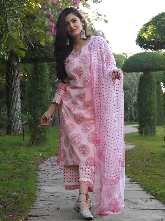 Image of Pinkmint Women Straight Motif Printed Kurta and Pant Set with Dupatta