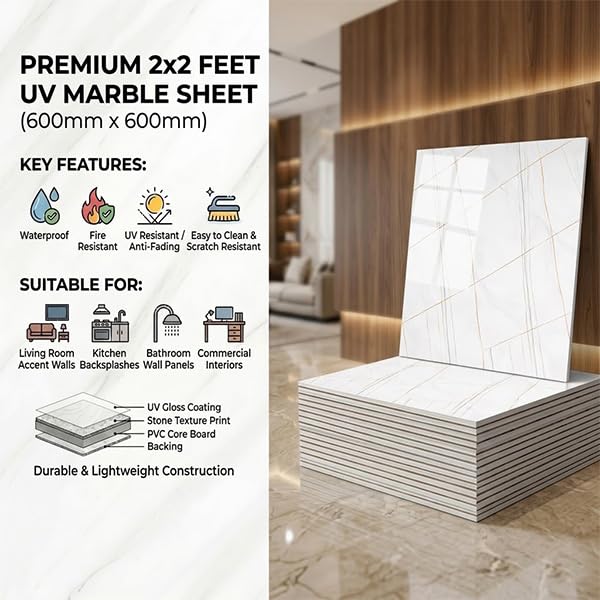 Image of WALLVEAR 2x2 Ft UV Marble Wall Panel Sheet Gold Line Design, Pack of 4