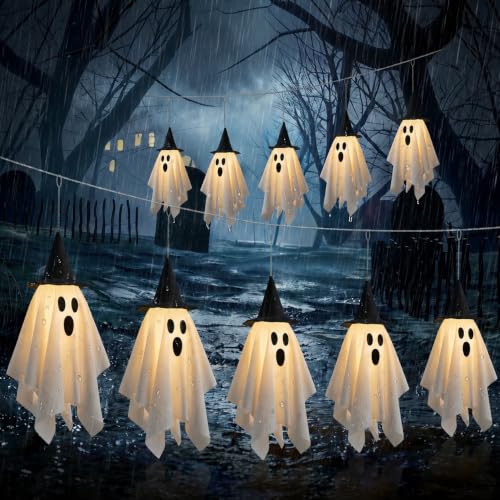 Halloween Ghost Decor 12.5 FT Halloween Ghost String Lights with Hats