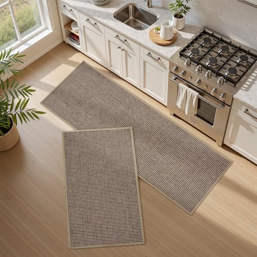 PADOOR Brown Non-Slip Kitchen Rugs Set - Washable Mats