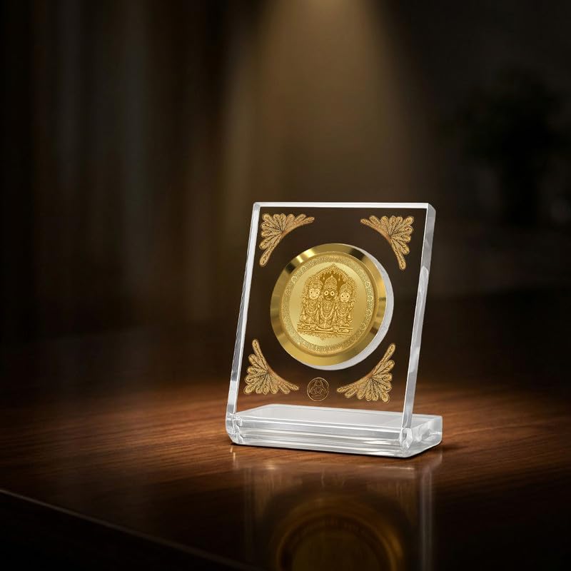 Image of DIVINITI 24K Gold Plated Lord Jagannath Subhadra Balabhadra Acrylic Frame for Car Dashboard, Home Temple & Office Table | Premium Spiritual Gift, Blessings for Protection & Positivity, 8x7 cm