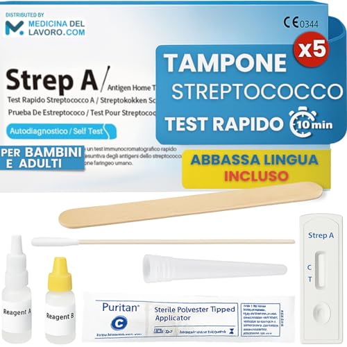 Medicinadellavoro.com - Tampone Streptococco Rapido Bambini Adulti, Test Streptococco Faringeo per Rilevazione Streptococco Gruppo A Utile in Caso di Mal di Gola Esito Accurato 10 Min (5 TEST)
